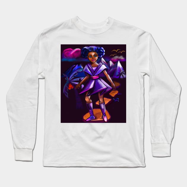 Anime girl with two puffs and lighting. Black afro anime girl in purple space fantasy scene ! beautiful  black girl with Braided hair, blue eyes, Cherry pink lips and dark brown skin. Hair love ! Long Sleeve T-Shirt by Artonmytee